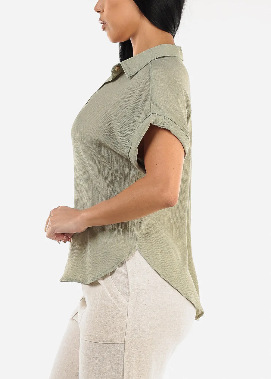 Cap Sleeve Light Olive Blouse w Front Half Placket sold by Moda product image thumbnail 3