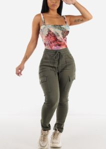 High Rise Drawstring Cargo Pants Olive sold by Moda