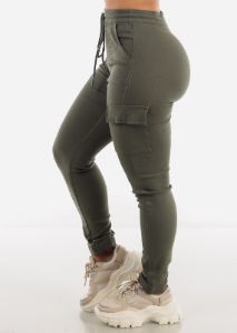 High Rise Drawstring Cargo Pants Olive sold by Moda