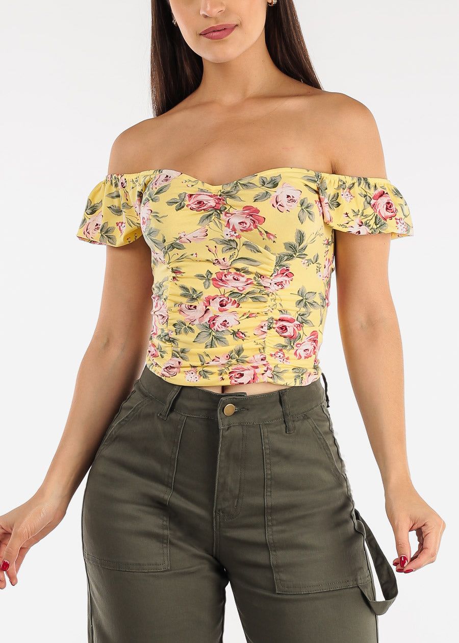 Ruched Short Sleeve Floral Top Yellow sold by Moda