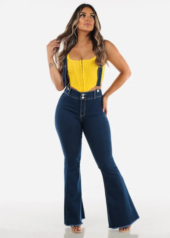High Waisted Suspender Flared Jeans Dark Wash sold by Moda