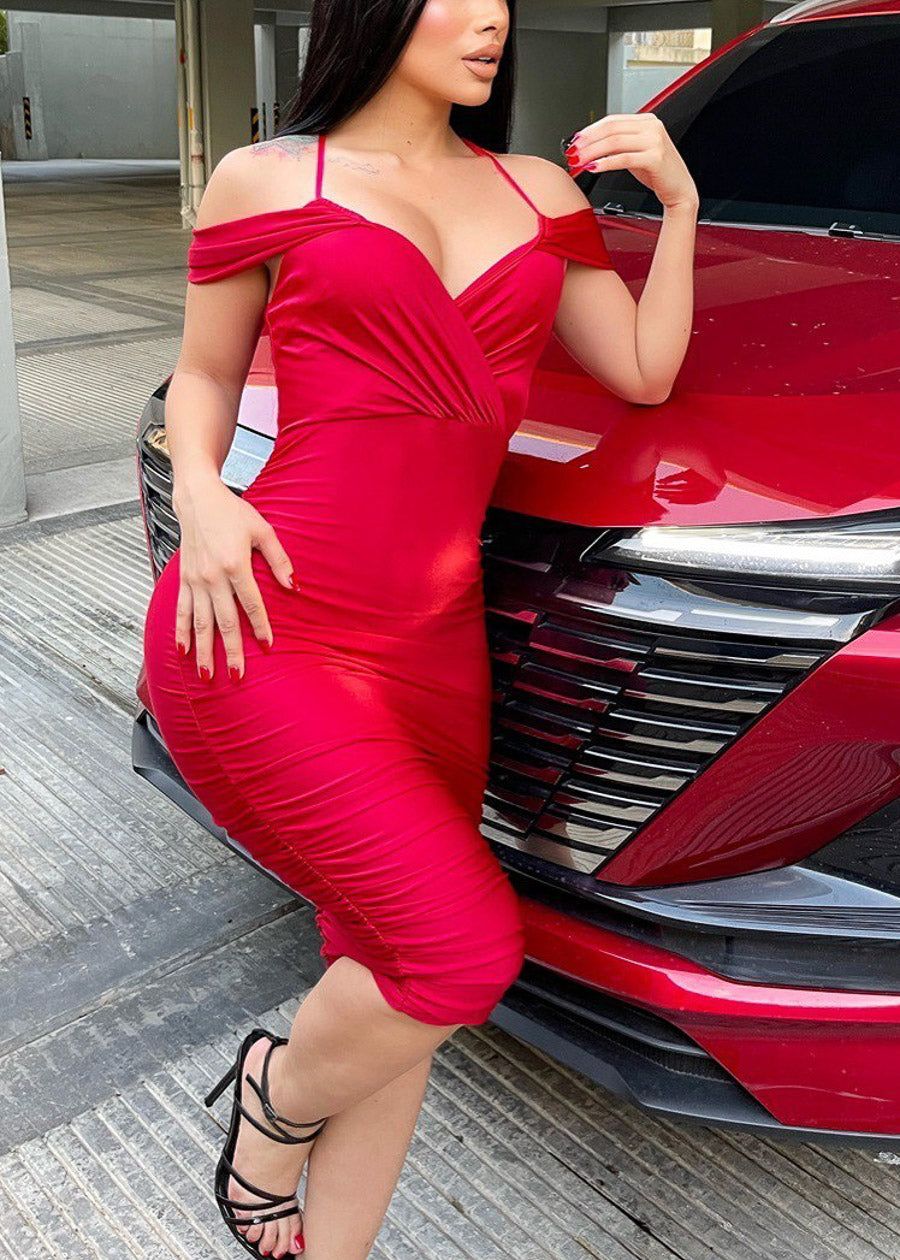 Sexy Red Off Shoulder Ruched Stretchy Midi Dress sold by Moda product image thumbnail 2