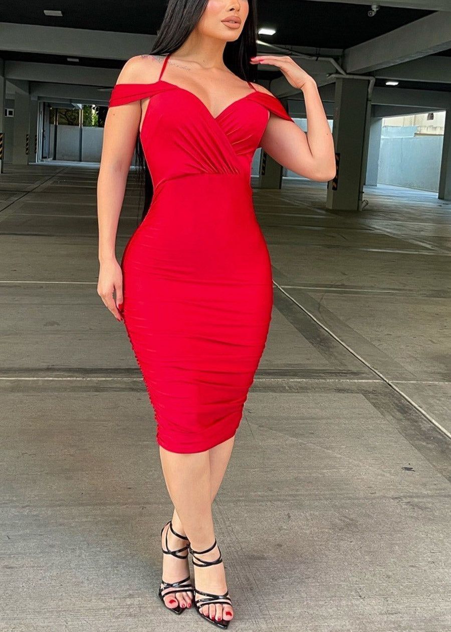 Sexy Red Off Shoulder Ruched Stretchy Midi Dress sold by Moda