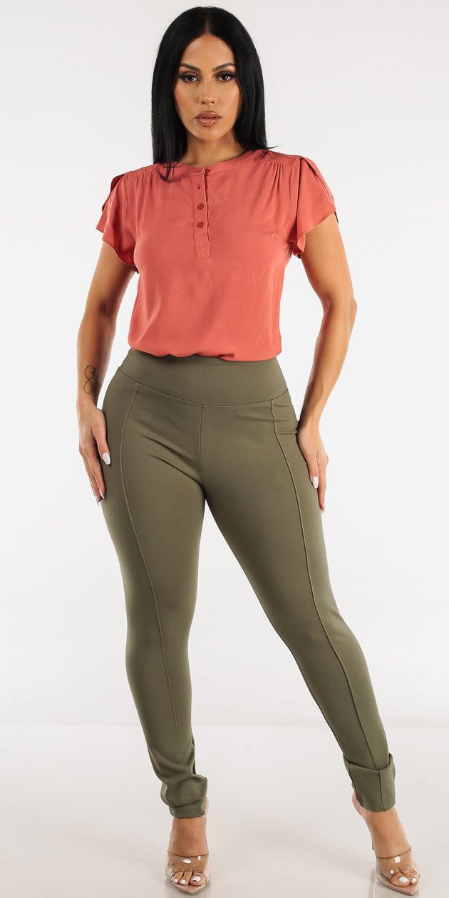 High Waisted Olive Skinny Pants with Brick Short Sleeve Half Button Up Blouse sold by Moda