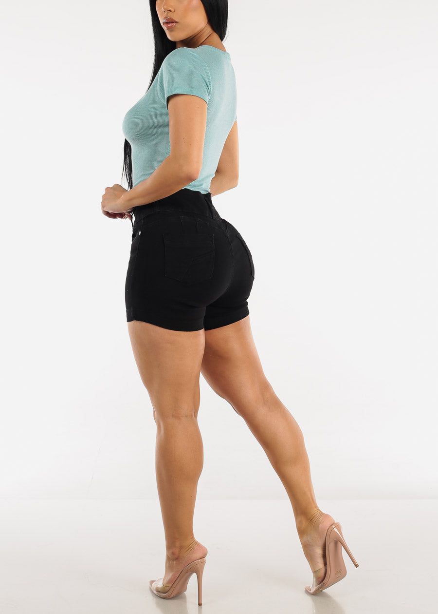 Black High Waisted Butt Lifting Denim Shorts sold by Moda product image thumbnail 5