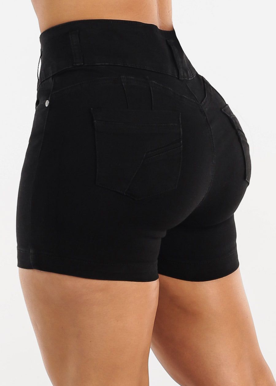 Black High Waisted Butt Lifting Denim Shorts sold by Moda