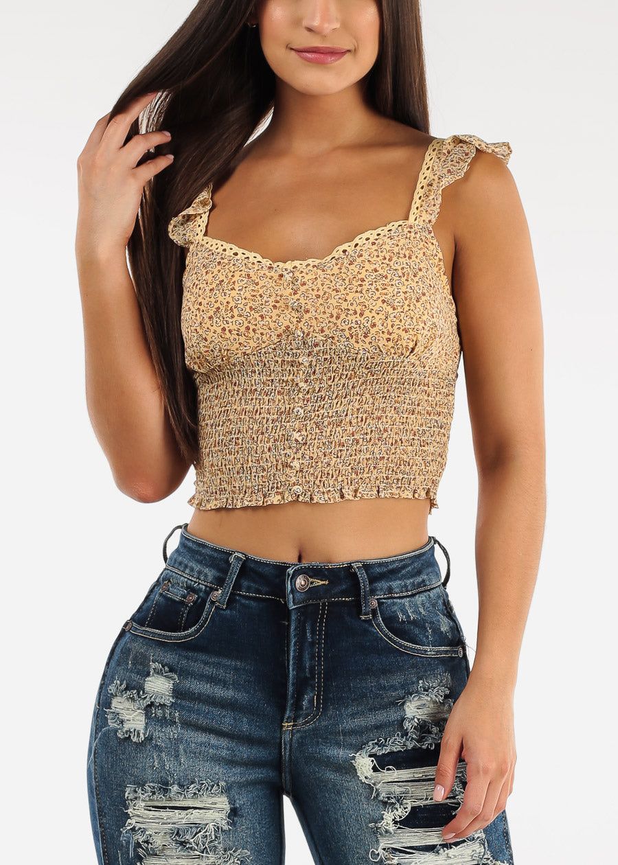 Sleeveless Smocked Floral Crop Top Yellow sold by Moda
