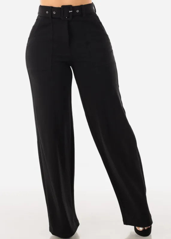 Black Wide Leg Stretch Dress Pants w Belt sold by Moda