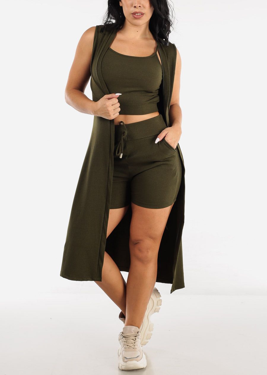 Olive Sleeveless Cardigan, Cropped Tank Top & Shorts (3 PCE SET) sold by Moda