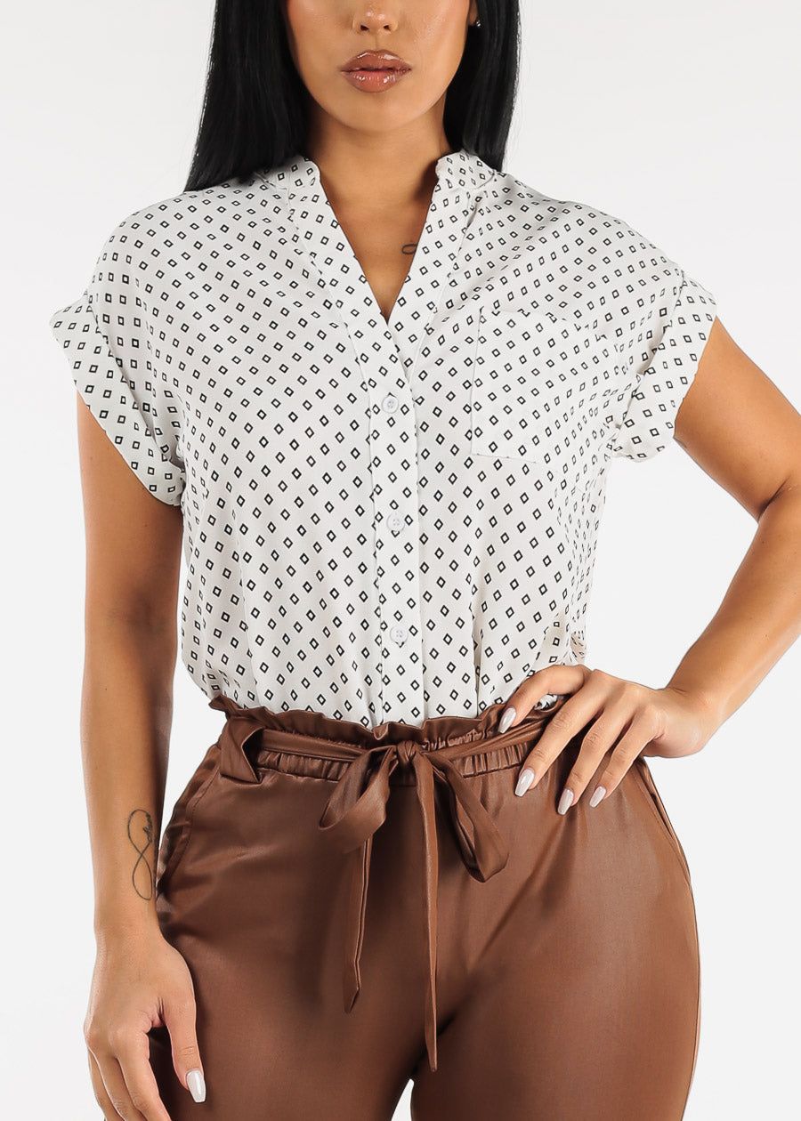 Button Up Printed Vneck Blouse Ivory sold by Moda
