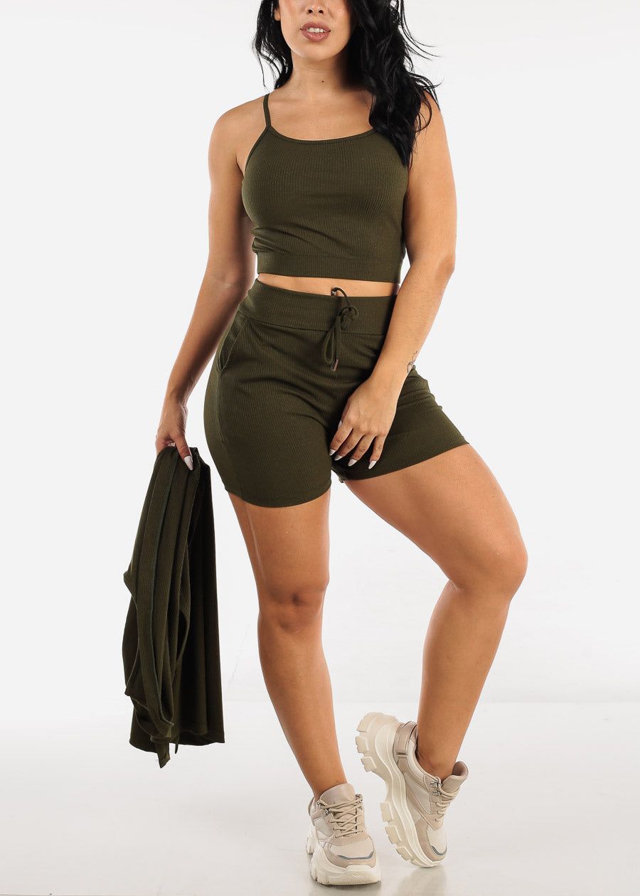 Olive Sleeveless Cardigan, Cropped Tank Top & Shorts (3 PCE SET) sold by Moda product image thumbnail 2