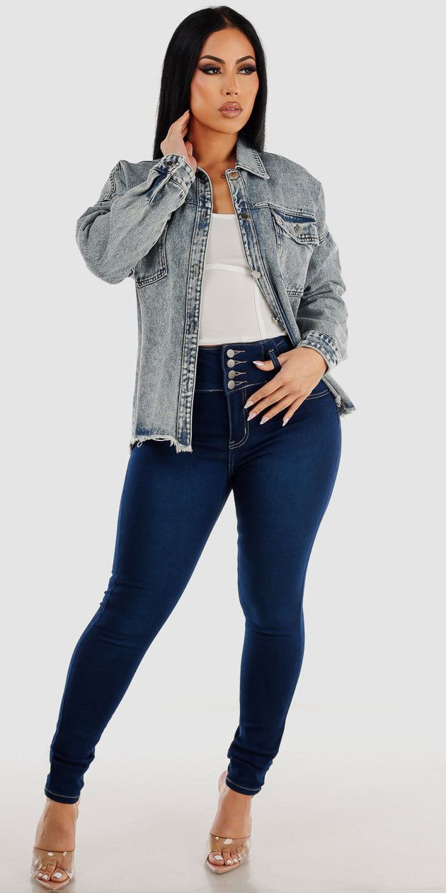 Ultra High Waisted Butt Lifting Dark Skinny Jeans White Long Sleeve Crop Top and Long Sleeve Jean Jacket sold by Moda