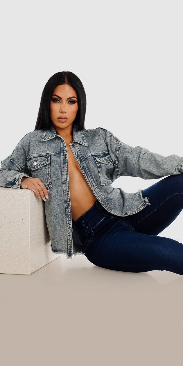 Ultra High Waisted Butt Lifting Dark Skinny Jeans White Long Sleeve Crop Top and Long Sleeve Jean Jacket sold by Moda product image thumbnail 3