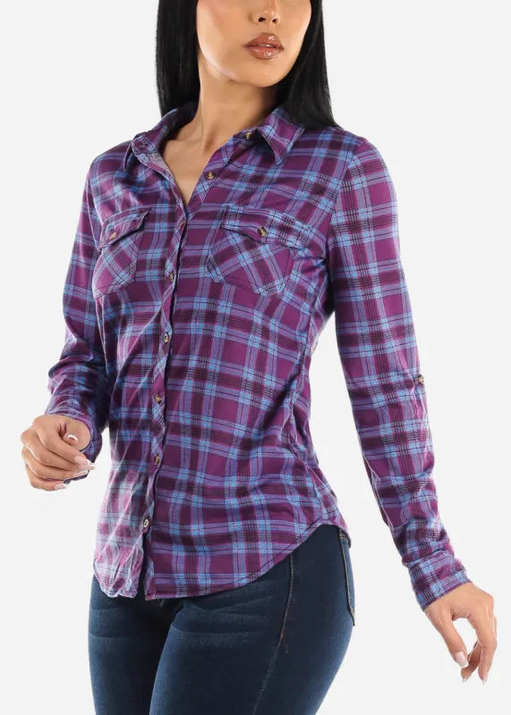 Long Sleeve Button Up Plaid Shirt Purple & Blue sold by Moda