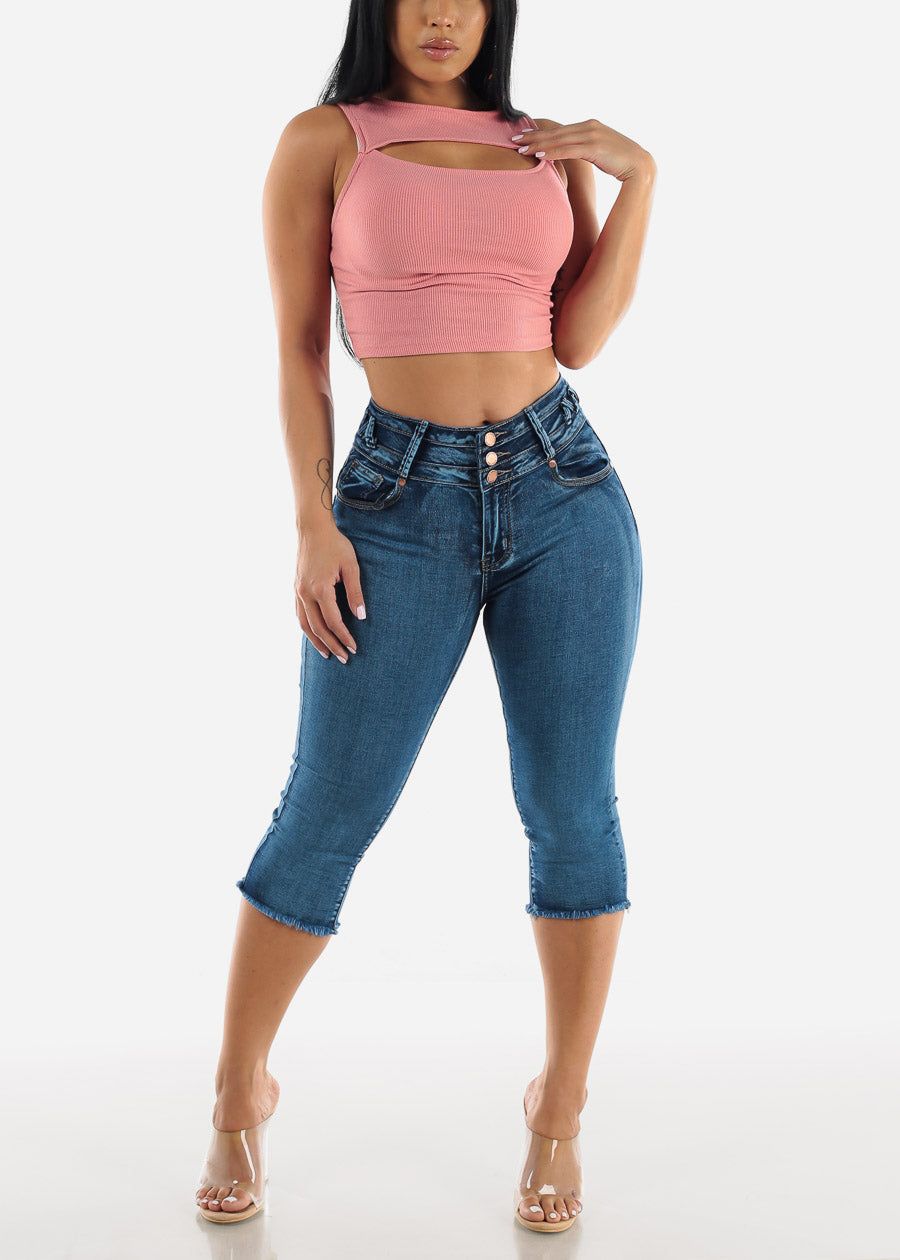 Lace Up Design Butt Lift Dark Blue Denim Capris sold by Moda product image thumbnail 5