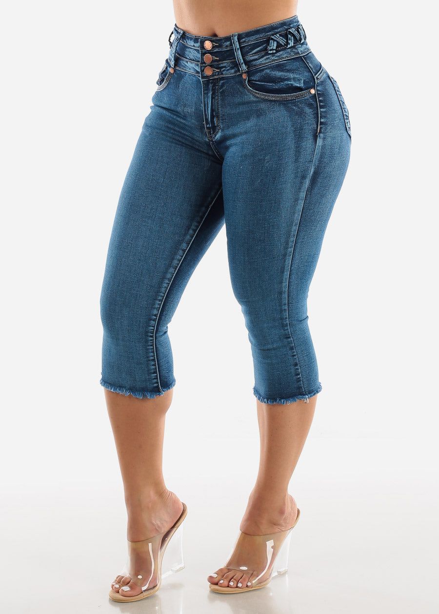 Lace Up Design Butt Lift Dark Blue Denim Capris sold by Moda product image thumbnail 3