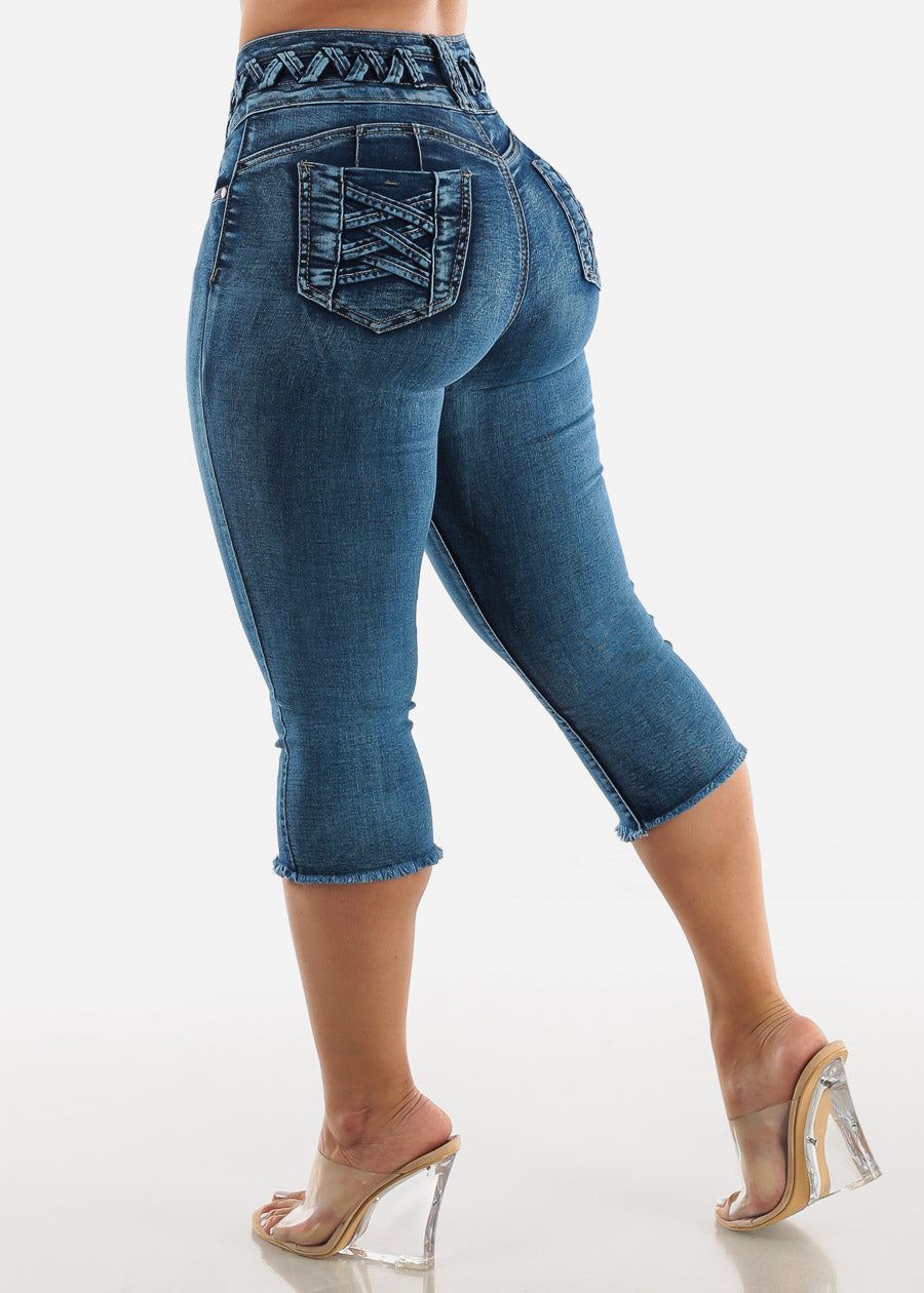 Lace Up Design Butt Lift Dark Blue Denim Capris sold by Moda