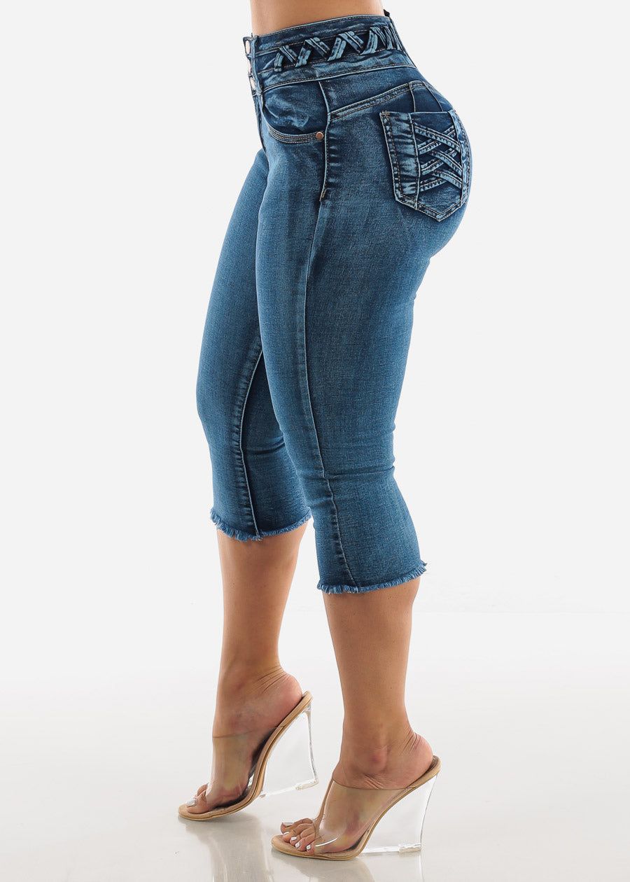 Lace Up Design Butt Lift Dark Blue Denim Capris sold by Moda product image thumbnail 4
