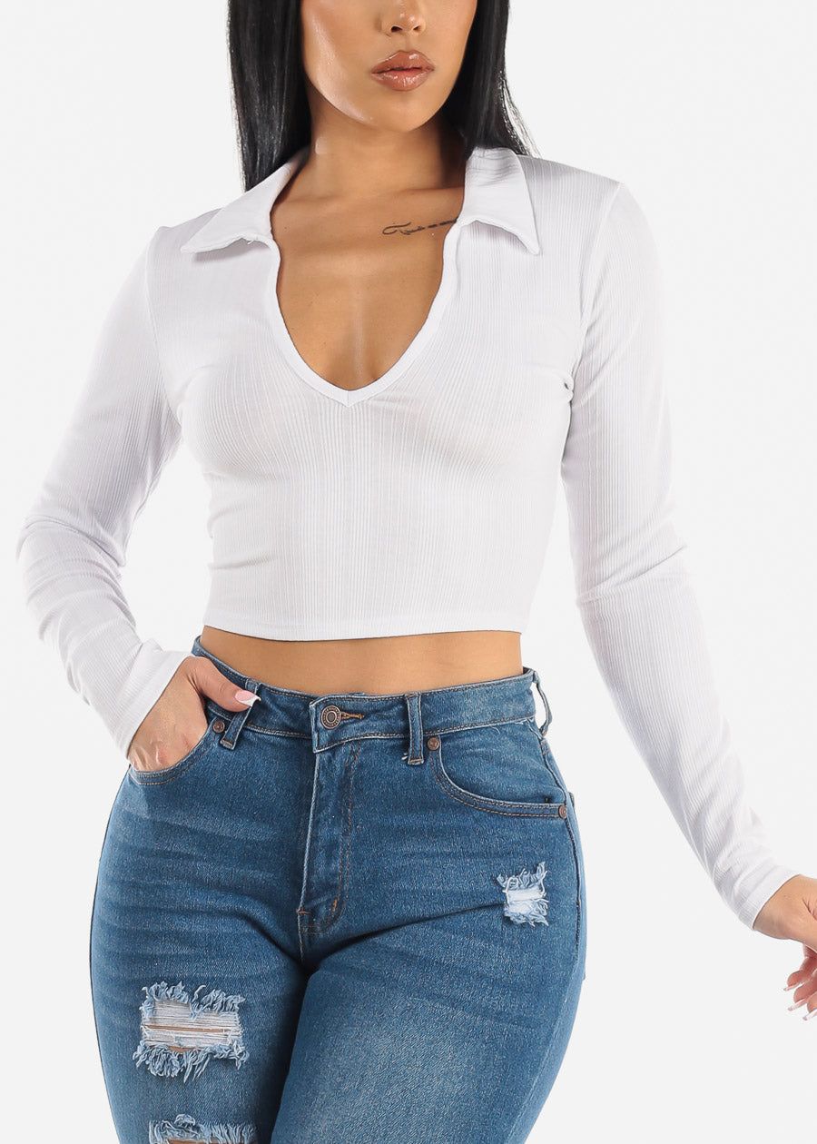 White Long Sleeve Collared Vneck Crop Top sold by Moda product image thumbnail 5