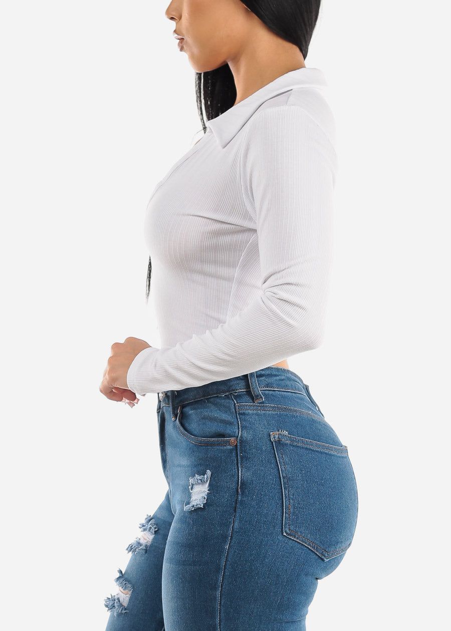 White Long Sleeve Collared Vneck Crop Top sold by Moda product image thumbnail 3