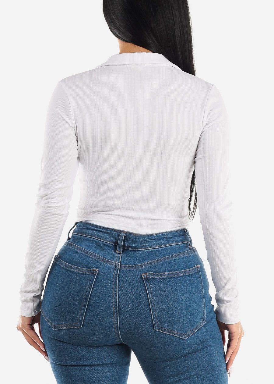 White Long Sleeve Collared Vneck Crop Top sold by Moda product image thumbnail 4