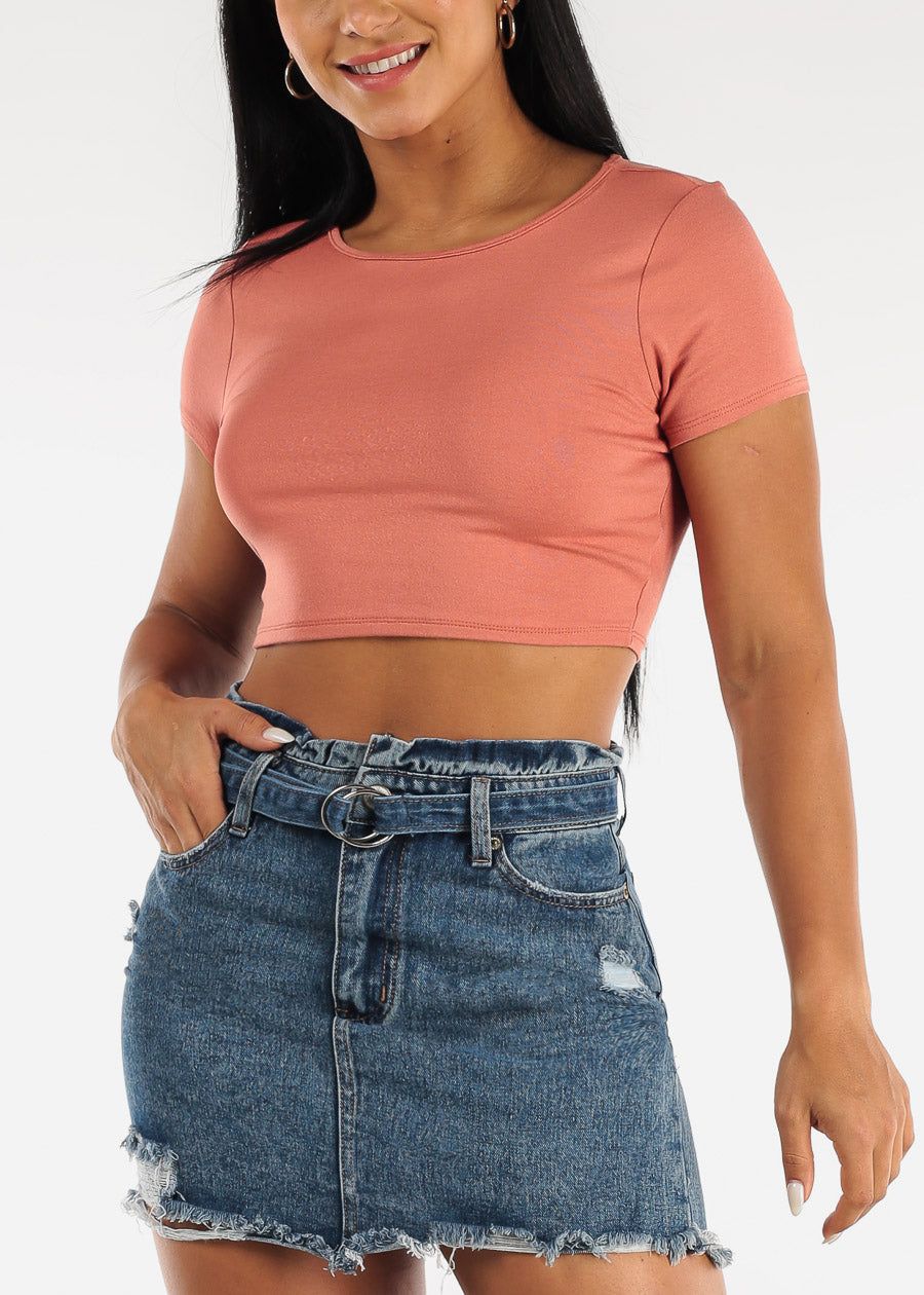 Short Sleeve Open Back Strappy Dark Coral Crop Top sold by Moda