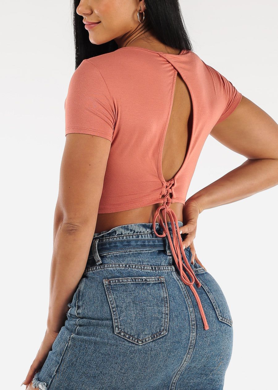 Short Sleeve Open Back Strappy Dark Coral Crop Top sold by Moda product image thumbnail 2