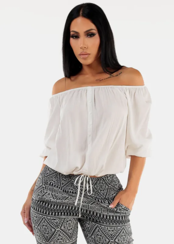 Drawstring Waist White Off Shoulder Top sold by Moda
