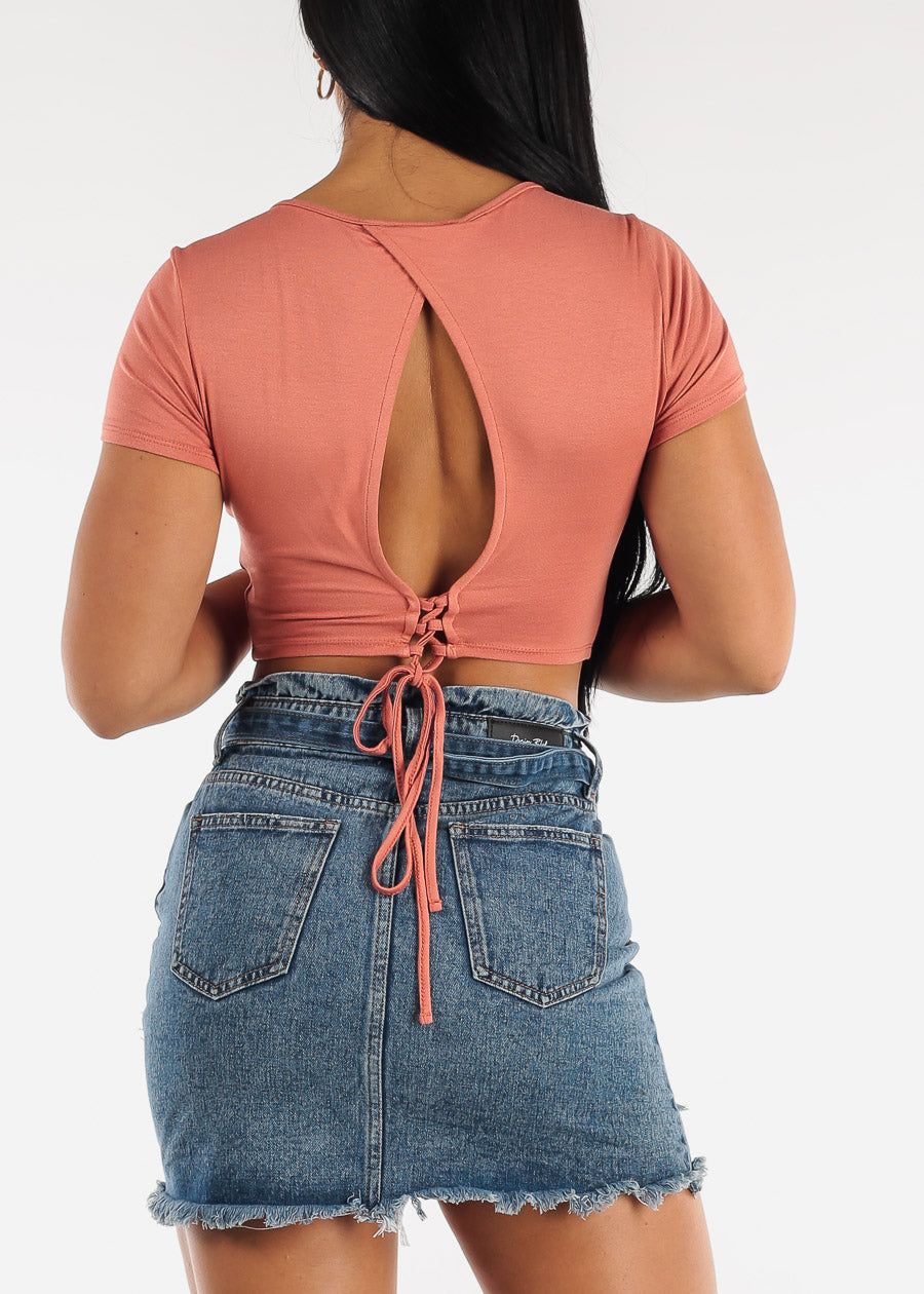 Short Sleeve Open Back Strappy Dark Coral Crop Top sold by Moda product image thumbnail 5