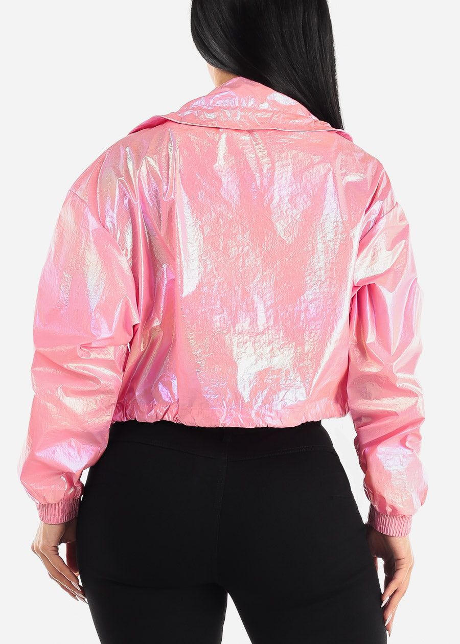 Neon Pink Zip Up Metallic Windbreaker Jacket sold by Moda product image thumbnail 5