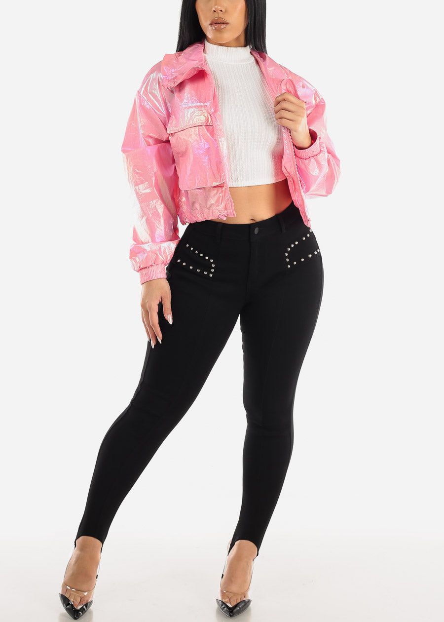 Neon Pink Zip Up Metallic Windbreaker Jacket sold by Moda product image thumbnail 2