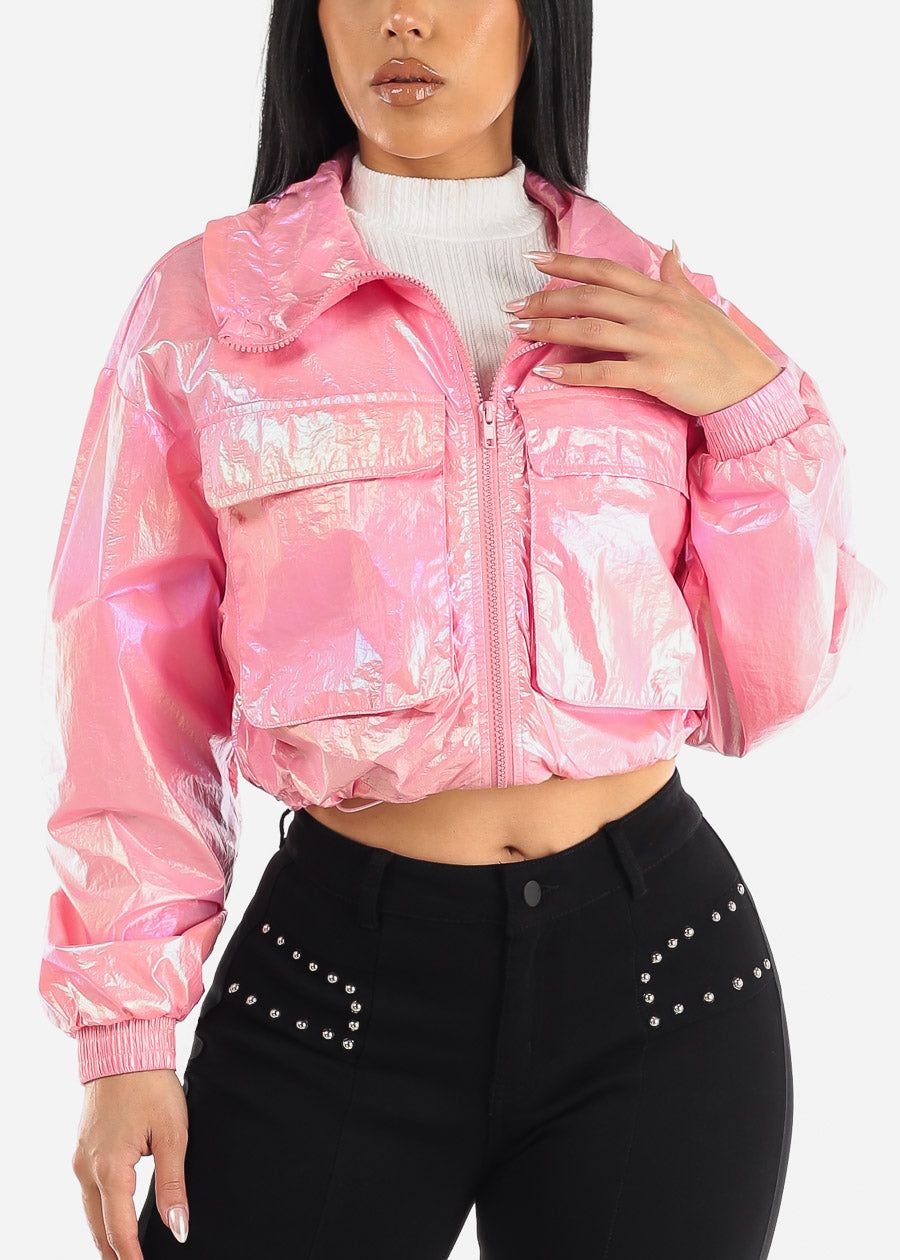 Neon Pink Zip Up Metallic Windbreaker Jacket sold by Moda product image thumbnail 3