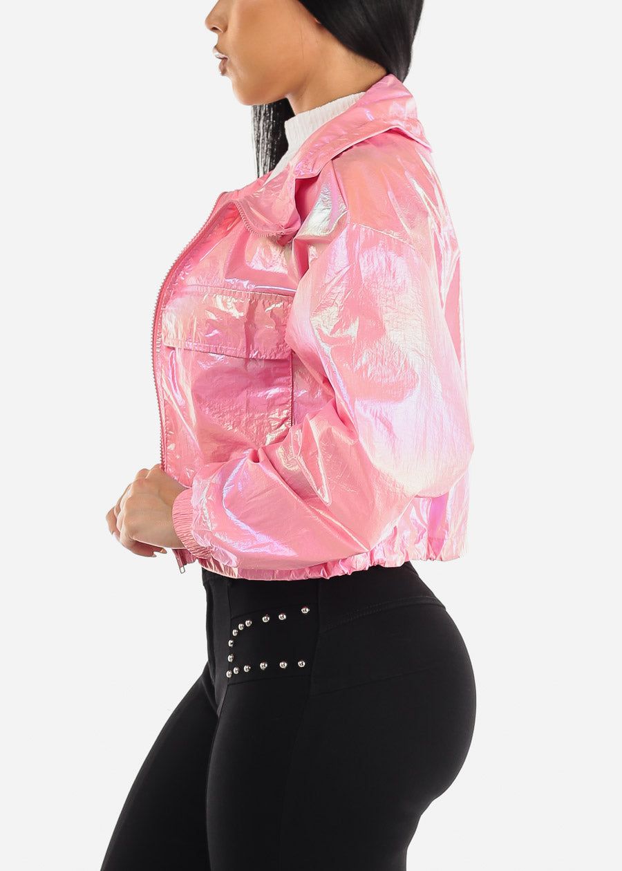 Neon Pink Zip Up Metallic Windbreaker Jacket sold by Moda product image thumbnail 4