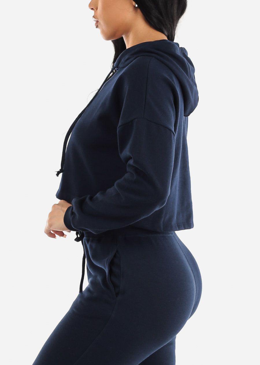 Long Sleeve Fleece Cropped Hoodie Navy sold by Moda product image thumbnail 3