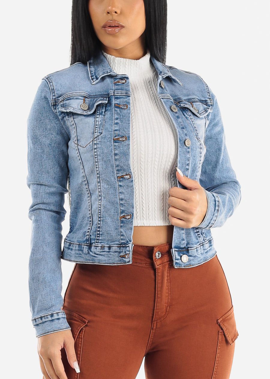 Long Sleeve Button Up Light Denim Jacket sold by Moda