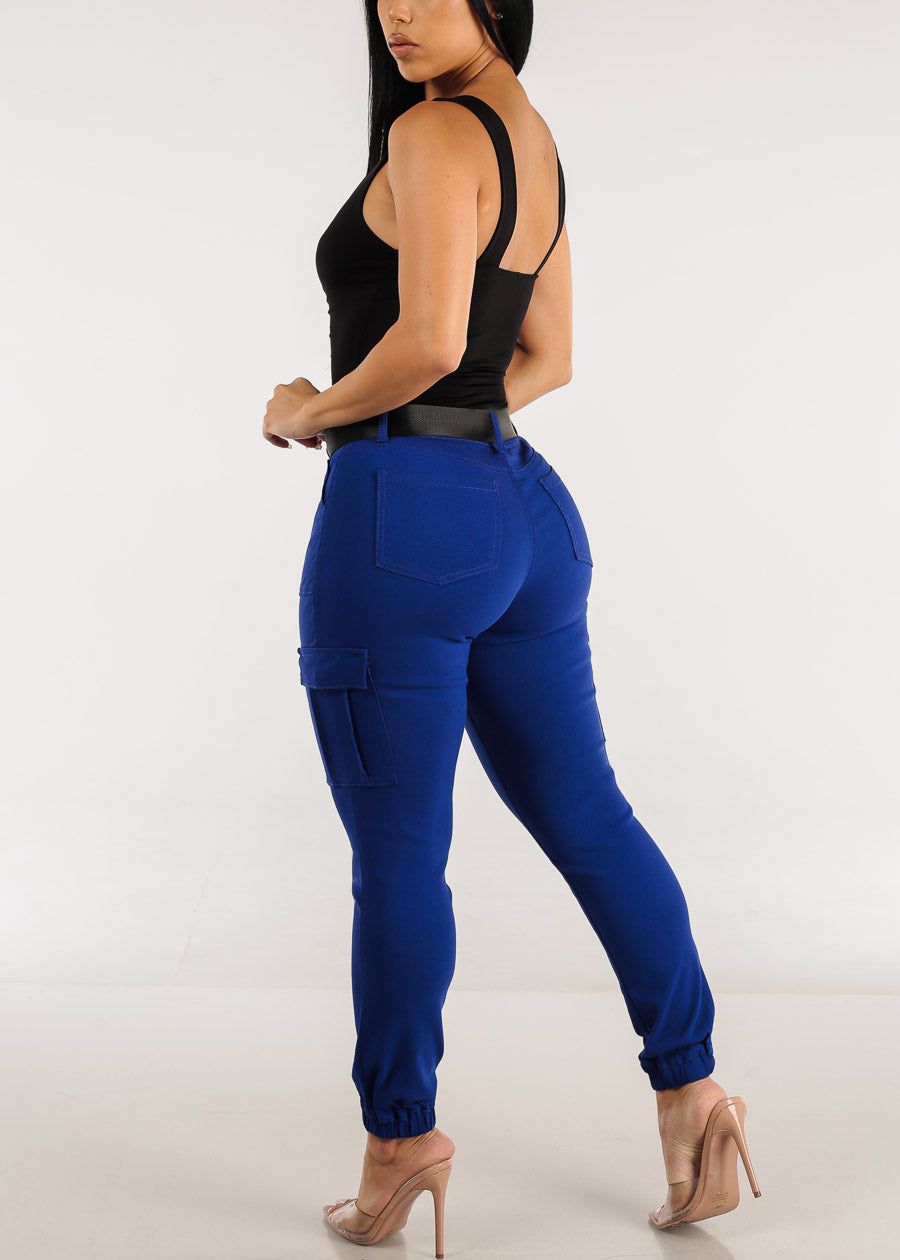 High Waist Hyper Stretch Cargo Jogger Pants Blue with Belt sold by Moda product image thumbnail 5