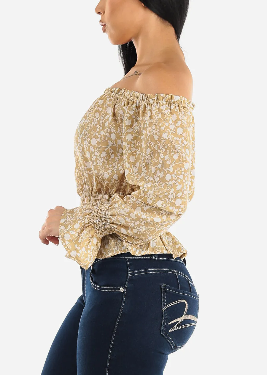 Off Shoulder Smocked Waist Floral Top Light Khaki sold by Moda product image thumbnail 3