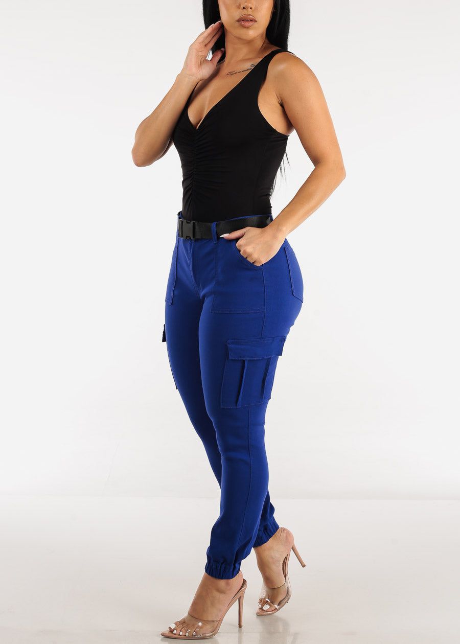 High Waist Hyper Stretch Cargo Jogger Pants Blue with Belt sold by Moda product image thumbnail 2
