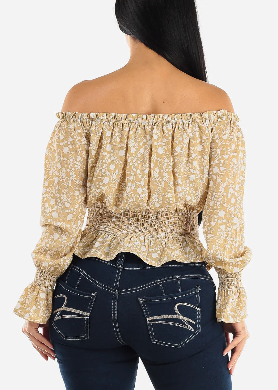 Off Shoulder Smocked Waist Floral Top Light Khaki sold by Moda product image thumbnail 4