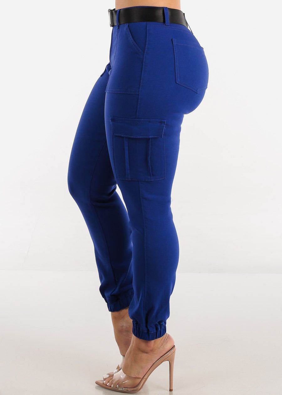 High Waist Hyper Stretch Cargo Jogger Pants Blue with Belt sold by Moda product image thumbnail 3