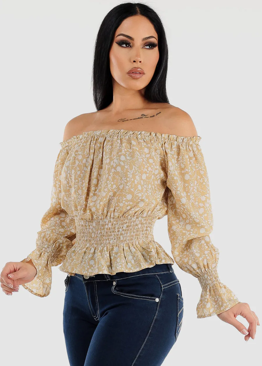 Off Shoulder Smocked Waist Floral Top Light Khaki sold by Moda