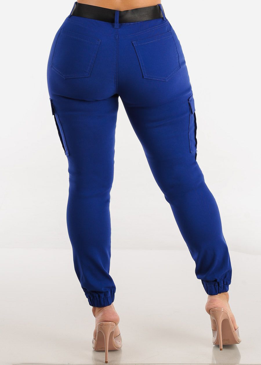 High Waist Hyper Stretch Cargo Jogger Pants Blue with Belt sold by Moda product image thumbnail 4