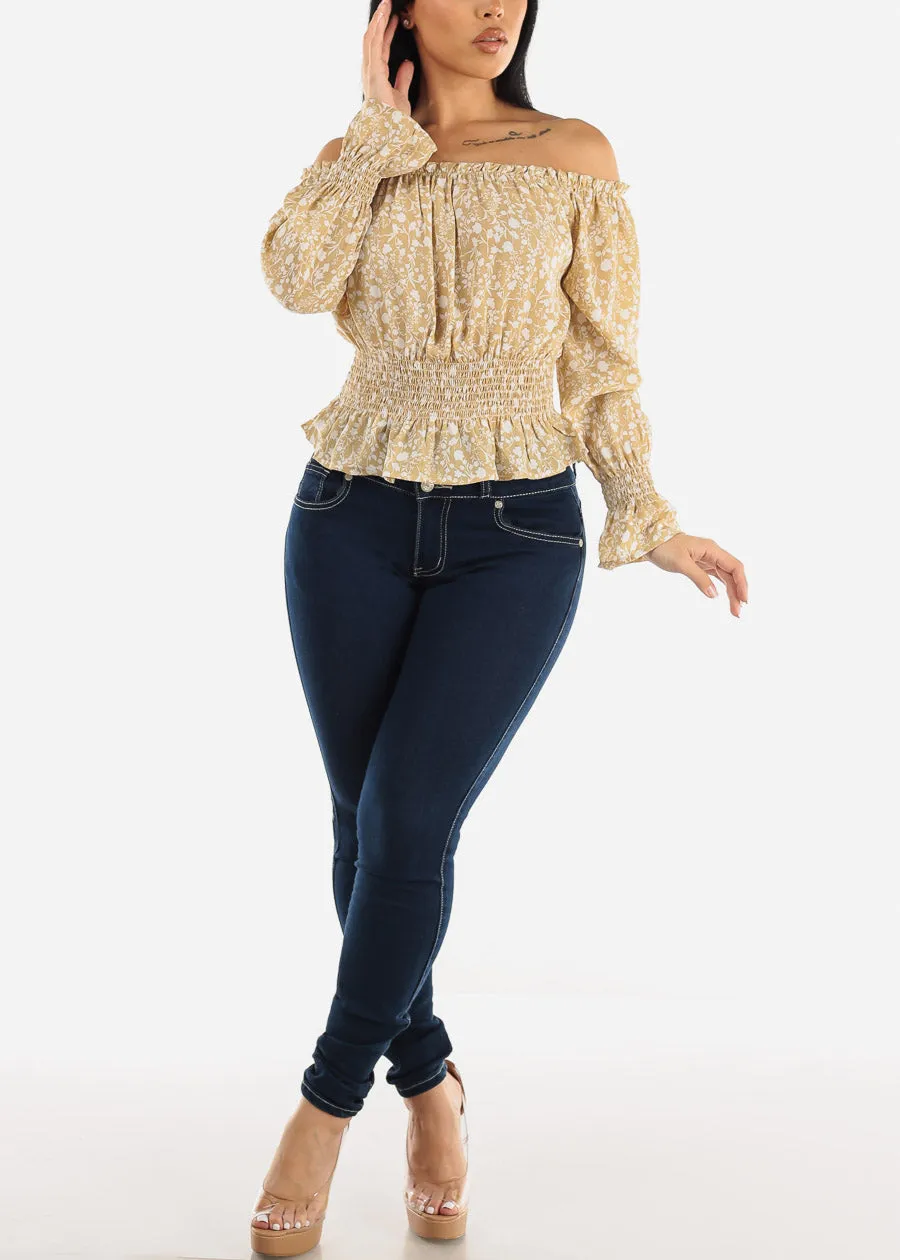 Off Shoulder Smocked Waist Floral Top Light Khaki sold by Moda product image thumbnail 2