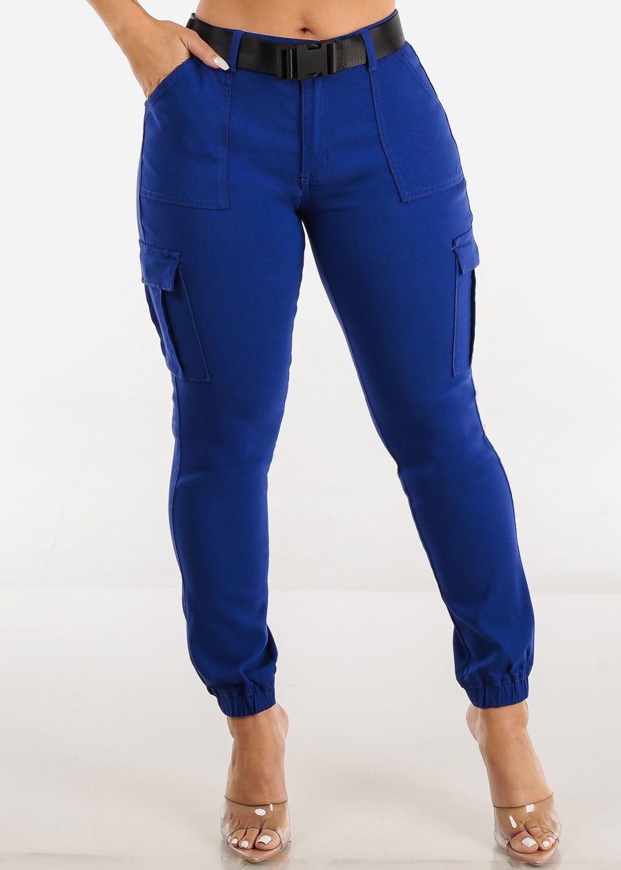 High Waist Hyper Stretch Cargo Jogger Pants Blue with Belt sold by Moda