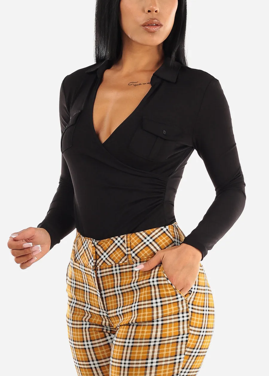 Black Long Sleeve Surplice Collared Blouse sold by Moda