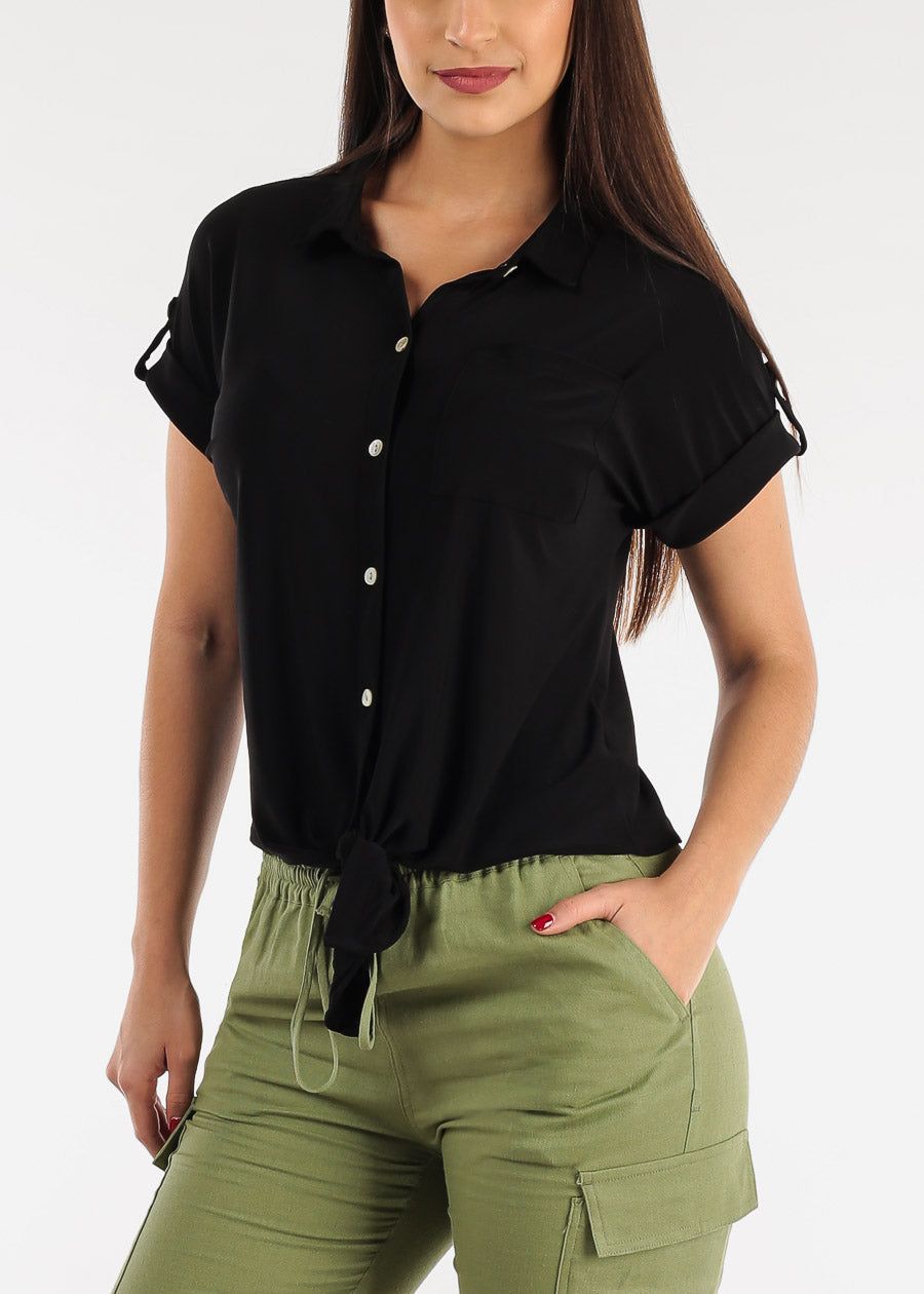 Black Short Sleeve Tie Front Button Up Shirt sold by Moda