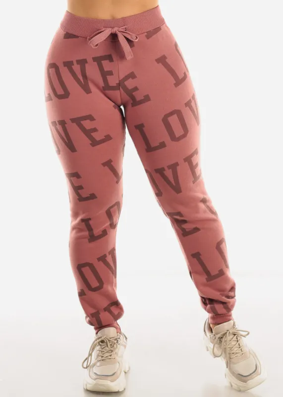 Fleece Drawstring Waist Jogger Sweatpants Mauve "Love" sold by Moda