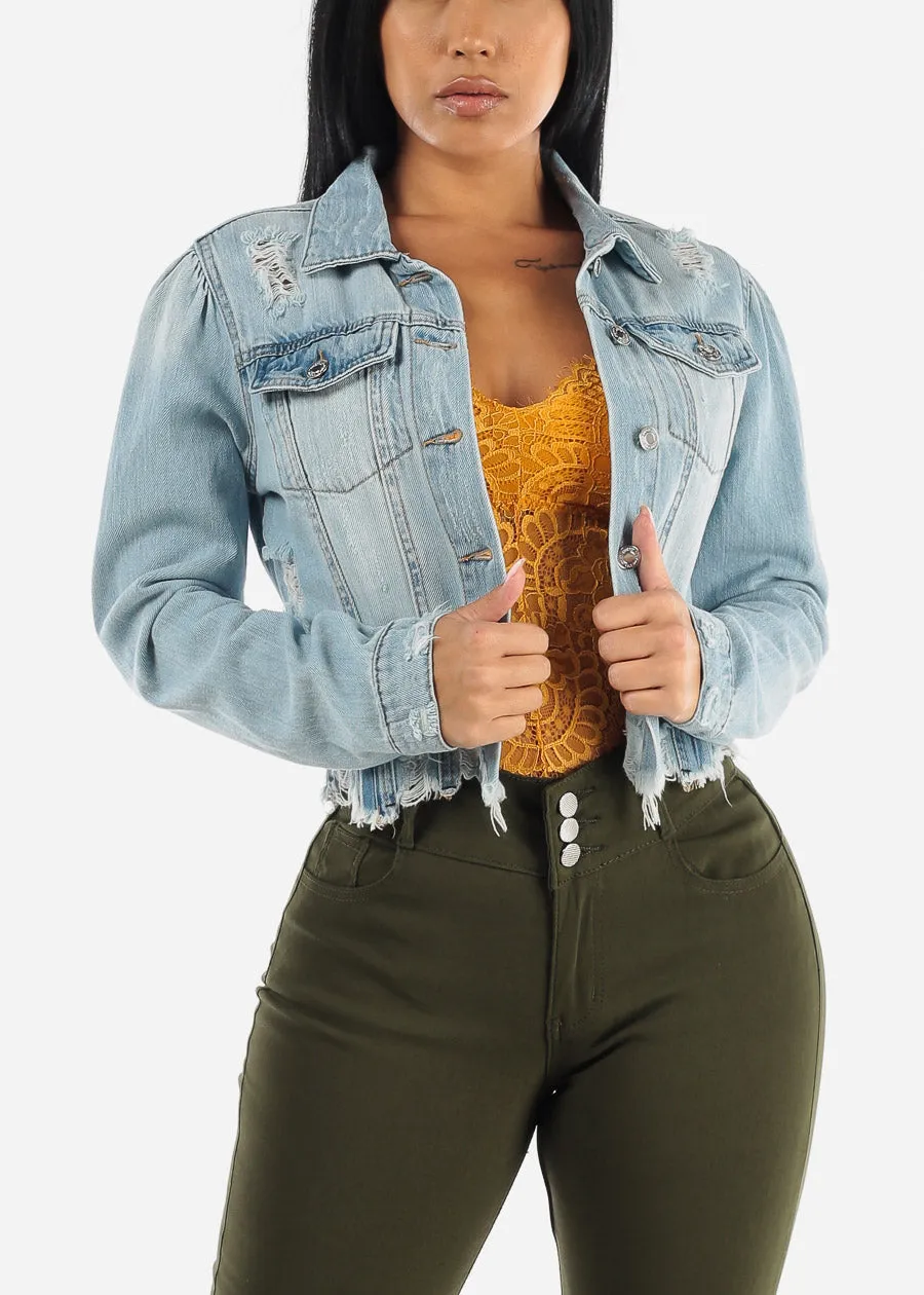 Light Blue Distressed Denim Jacket sold by Moda