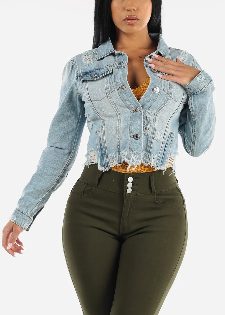 Light Blue Distressed Denim Jacket sold by Moda product image thumbnail 5