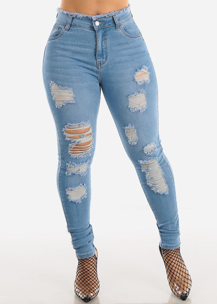 Super High Waist Ripped Levantacola Light Skinny Jeans sold by Moda product image thumbnail 4